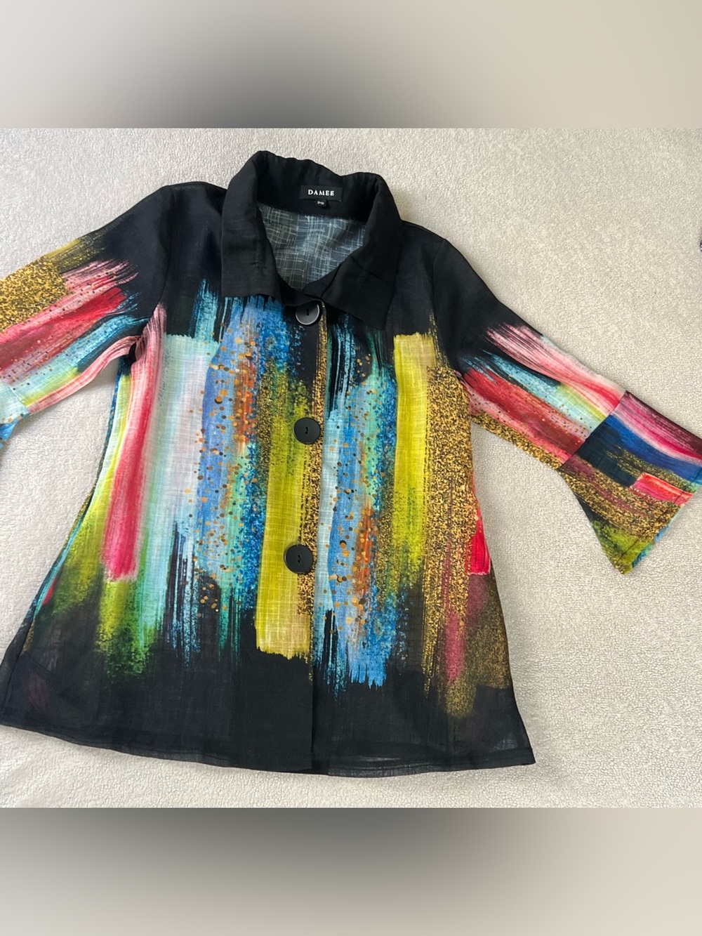Damee Multicolor Abstract Collared Button Front Blouse Women’s Petite PS 3/4